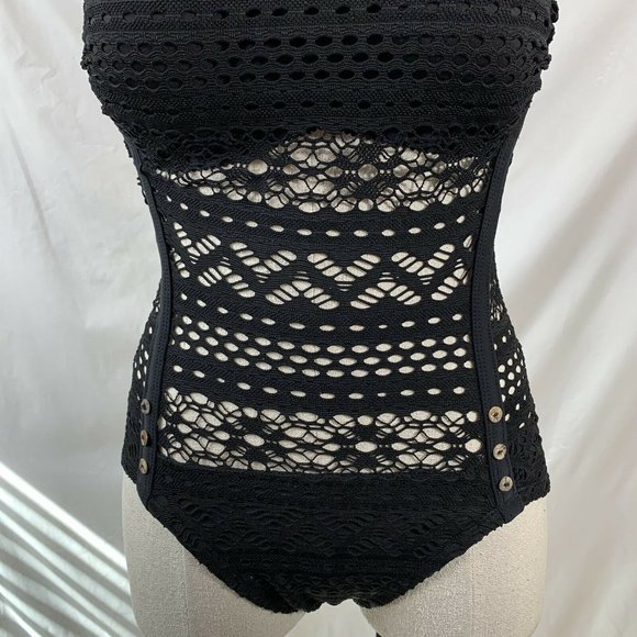 One Piece Swimsuit Size 2 Lightly Lined Black Lace Crochet Sweetheart Spaghetti - Picture 3 of 10
